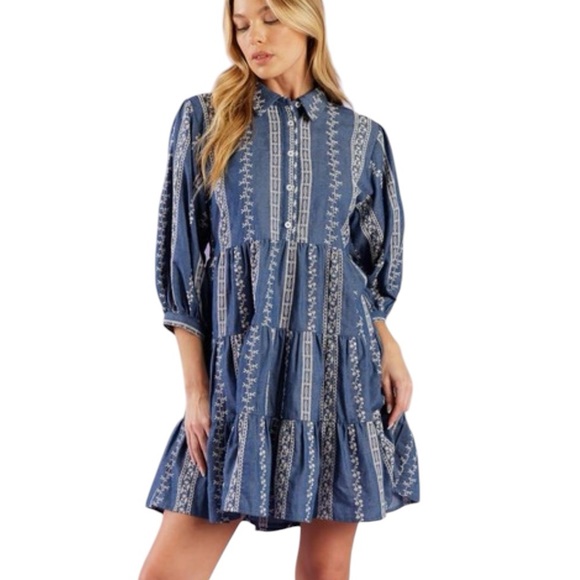 Flying Tomato Dresses & Skirts - Flying Tomato Blue Embroidery Printed Tiered Dress, NWOT